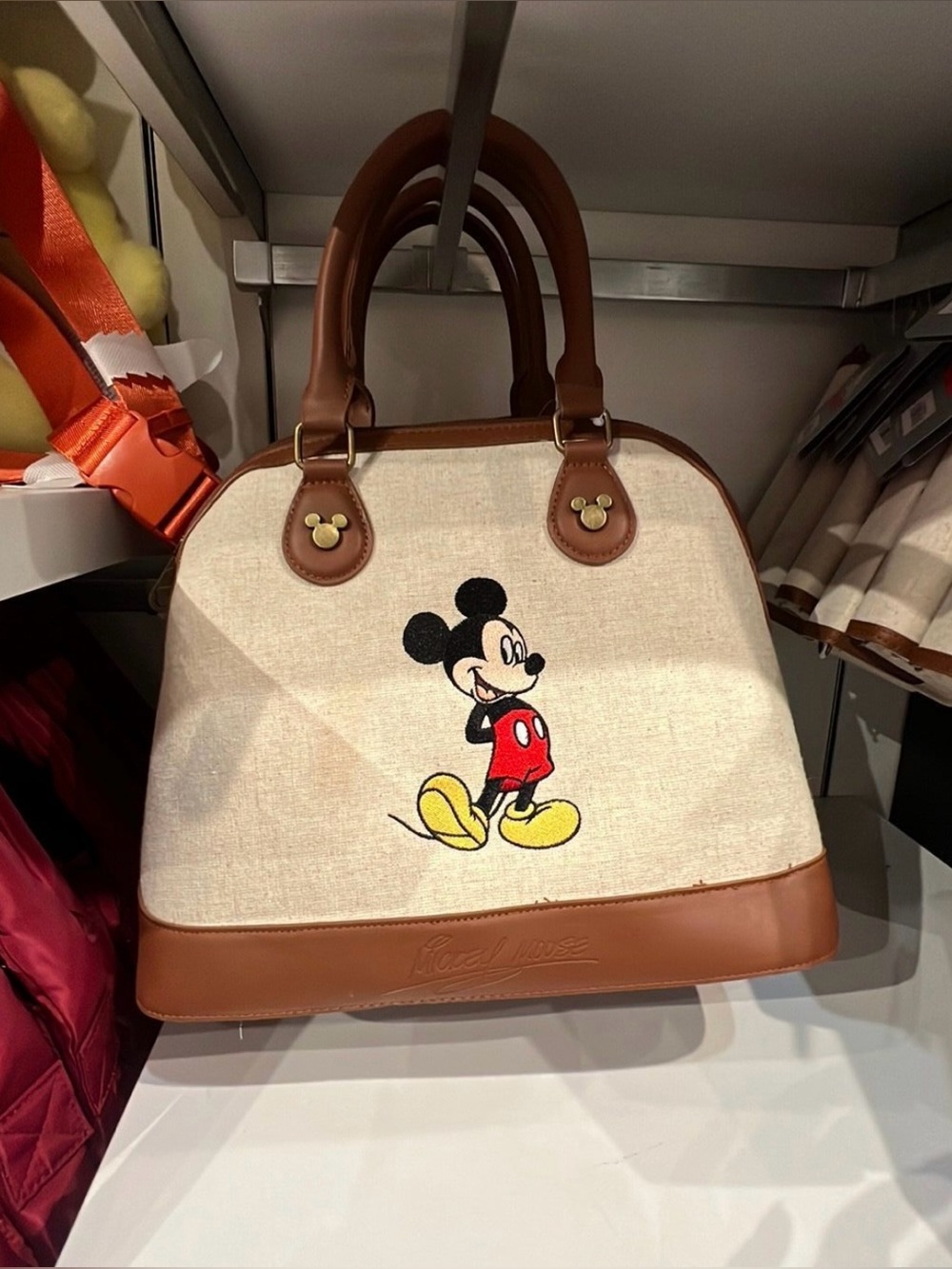 Brown Tan Canvas Mickey Mouse Purse Crossbody Large Bag